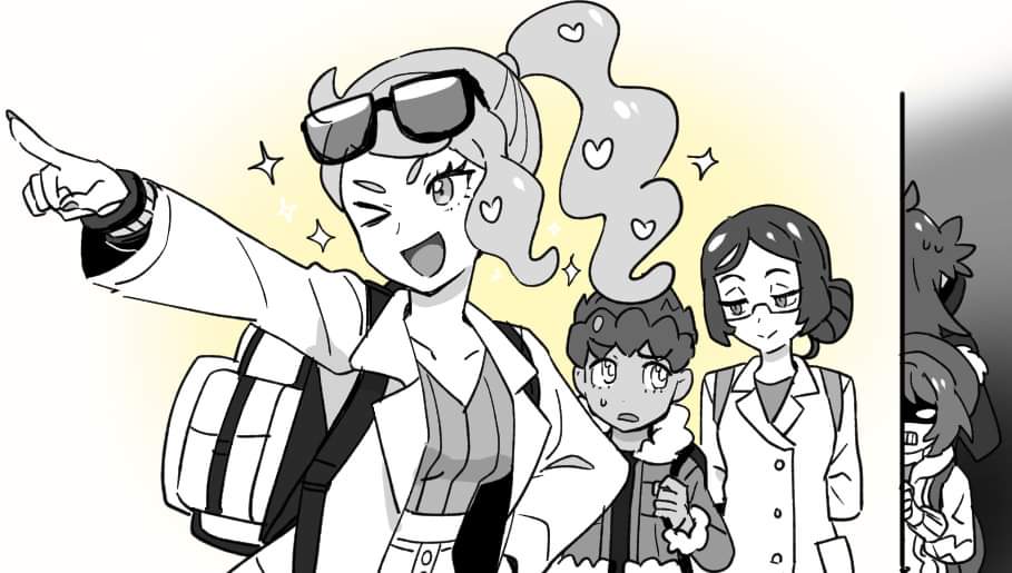 2boys, 3girls, angry, backpack, bad_id, bad_twitter_id, bag, collarbone, dede_(qwea_00000), doctor_(pokemon), eyewear_on_head, glasses, gloria_(pokemon), hair_ornament, hat, heart, heart_hair_ornament, hop_(pokemon), labcoat, leon_(pokemon), multiple_boys, multiple_girls, one_eye_closed, peeking_out, pointing, pokemon, pokemon_(game), pokemon_swsh, side_ponytail, smile, sonia_(pokemon), sparkle, sunglasses, sweat, tam_o'_shanter, wristband