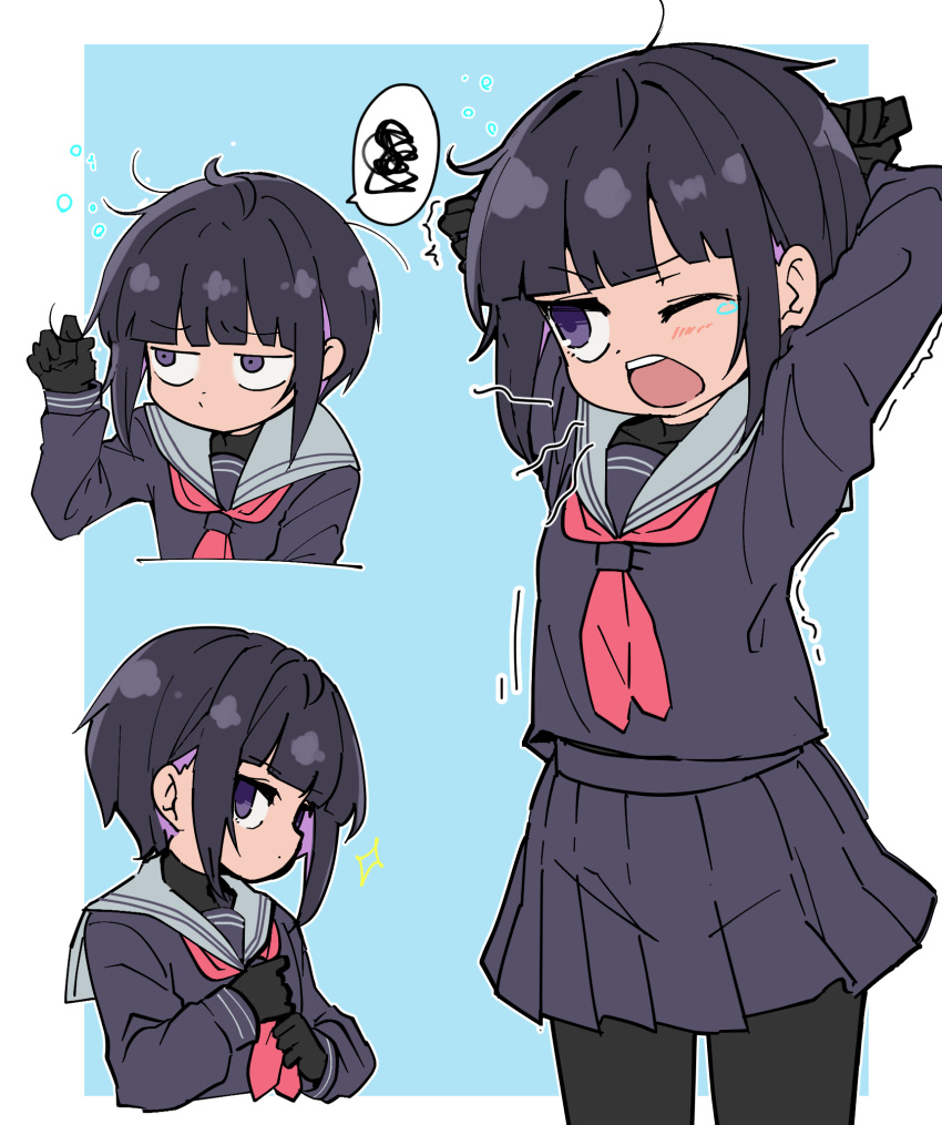 1girl, adjusting_neckerchief, arms_behind_head, arms_up, bangs, black_gloves, black_hair, black_pantyhose
