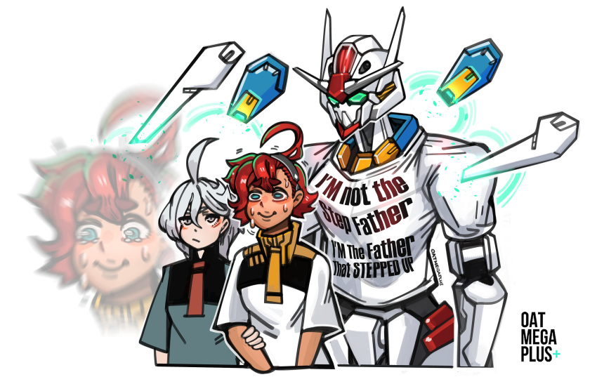 2girls, absurdres, black_hairband, blue_eyes, clothed_robot, dark-skinned_female, dark_skin, english_text, funnels_(gundam), green_eyes, green_jacket, grey_eyes, grey_hair, gundam, gundam_aerial, gundam_suisei_no_majo, hair_behind_ear, hair_between_eyes, hairband, highres, holding_another's_arm, jacket, long_hair, mecha, meme_attire, miorine_rembran, mobile_suit, multiple_girls, oatmegaplus, pout, projected_inset, redhead, robot, science_fiction, shirt, short_hair, suletta_mercury, tearing_up, v-fin, white_background, white_jacket, white_shirt