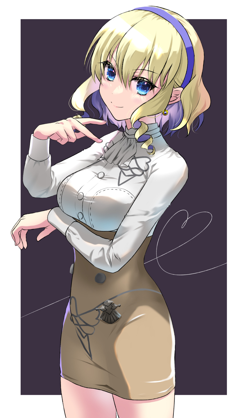 1girl, absurdres, alternate_costume, ascot, black_background, blonde_hair, blue_eyes, blue_hairband, breasts, brown_skirt, colored_inner_hair, constance_von_nuvelle, cowboy_shot, earrings, fire_emblem, fire_emblem:_three_houses, garreg_mach_monastery_uniform, hairband, high-waist_skirt, highres, jewelry, long_sleeves, looking_at_viewer, medium_breasts, medium_hair, mu_tu_bu, multicolored_hair, neckerchief, shirt, simple_background, skirt, smile, solo, two-tone_hair, white_neckerchief, white_shirt