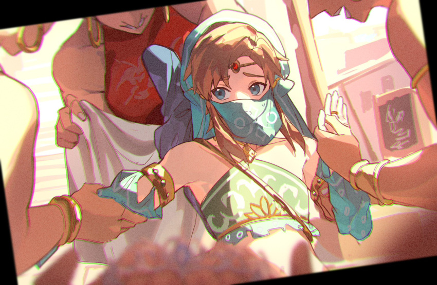 1boy, 3girls, arabian_clothes, armlet, bare_shoulders, blonde_hair, blue_eyes, blurry