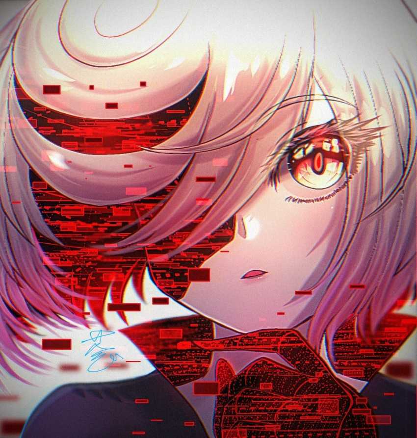 1girl, :o, cang_she, eyelashes, glitch, highres, looking_at_viewer, one_eye_covered