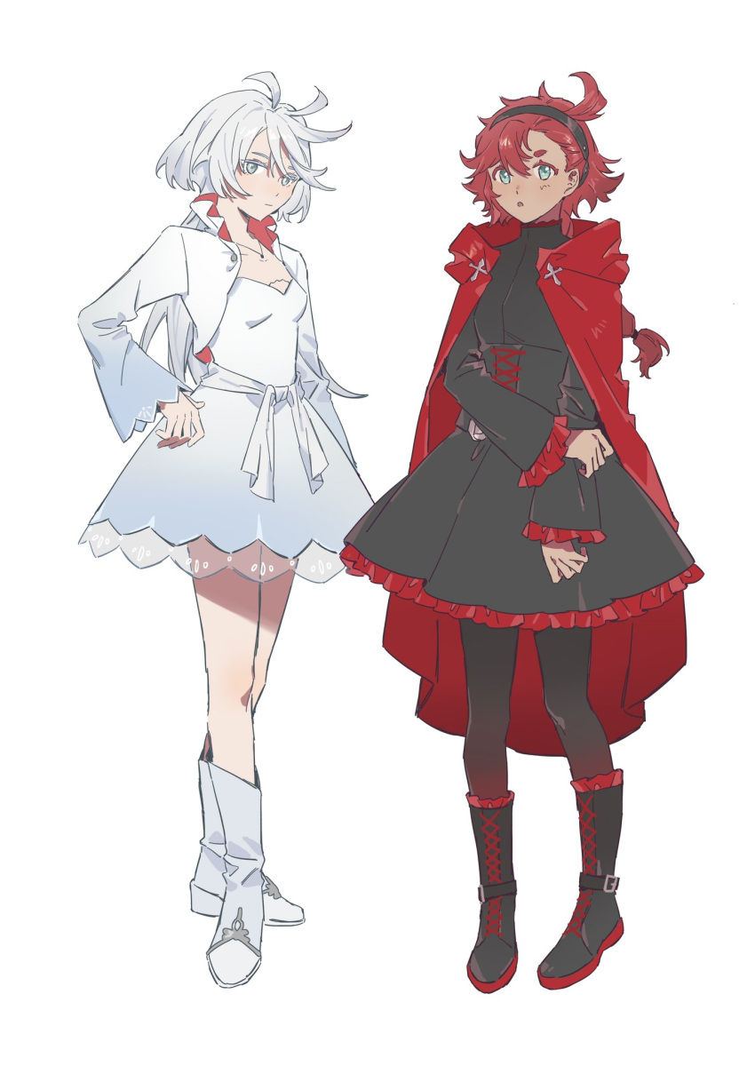 2girls, blue_eyes, boots, cape, chiko_(berry), cosplay, cross, crossover, frilled_skirt, frills, grey_eyes, gundam, gundam_suisei_no_majo, hairband, highres, jewelry, miorine_rembran, multiple_girls, necklace, pantyhose, redhead, ruby_rose, ruby_rose_(cosplay), rwby, skirt, suletta_mercury, weiss_schnee, weiss_schnee_(cosplay), white_hair