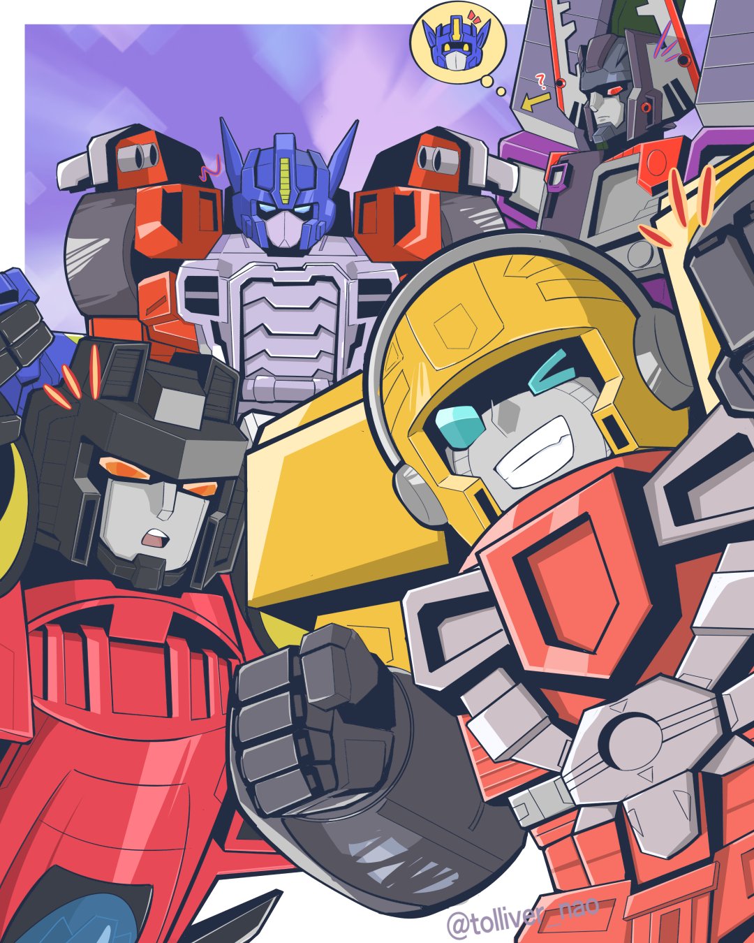 ?, arrow_(symbol), autobot, blue_eyes, clenched_hands, decepticon, highres, hot_shot_(transformers), looking_at_viewer, looking_to_the_side, mecha, megatron, one_eye_closed, open_mouth, optimus_prime, orange_eyes, robot, smile, starscream, surprised, thought_bubble, tolliver, transformers, transformers_armada, twitter_username, wheel