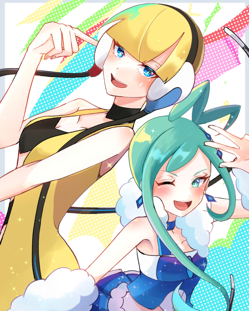 2girls, :d, ;d, absurdres, bangs, bare_shoulders, blonde_hair, blue_eyes