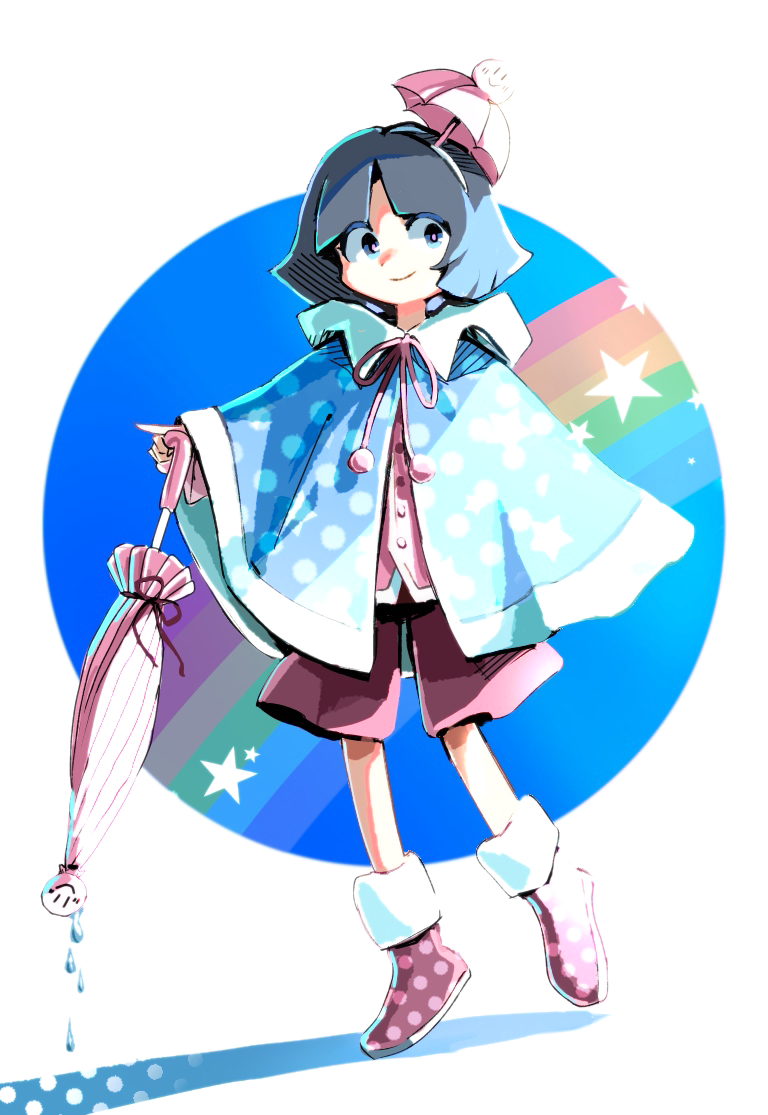 1other, amanomiya_jun, androgynous, black_hair, blue_eyes, boots, closed_mouth, closed_umbrella