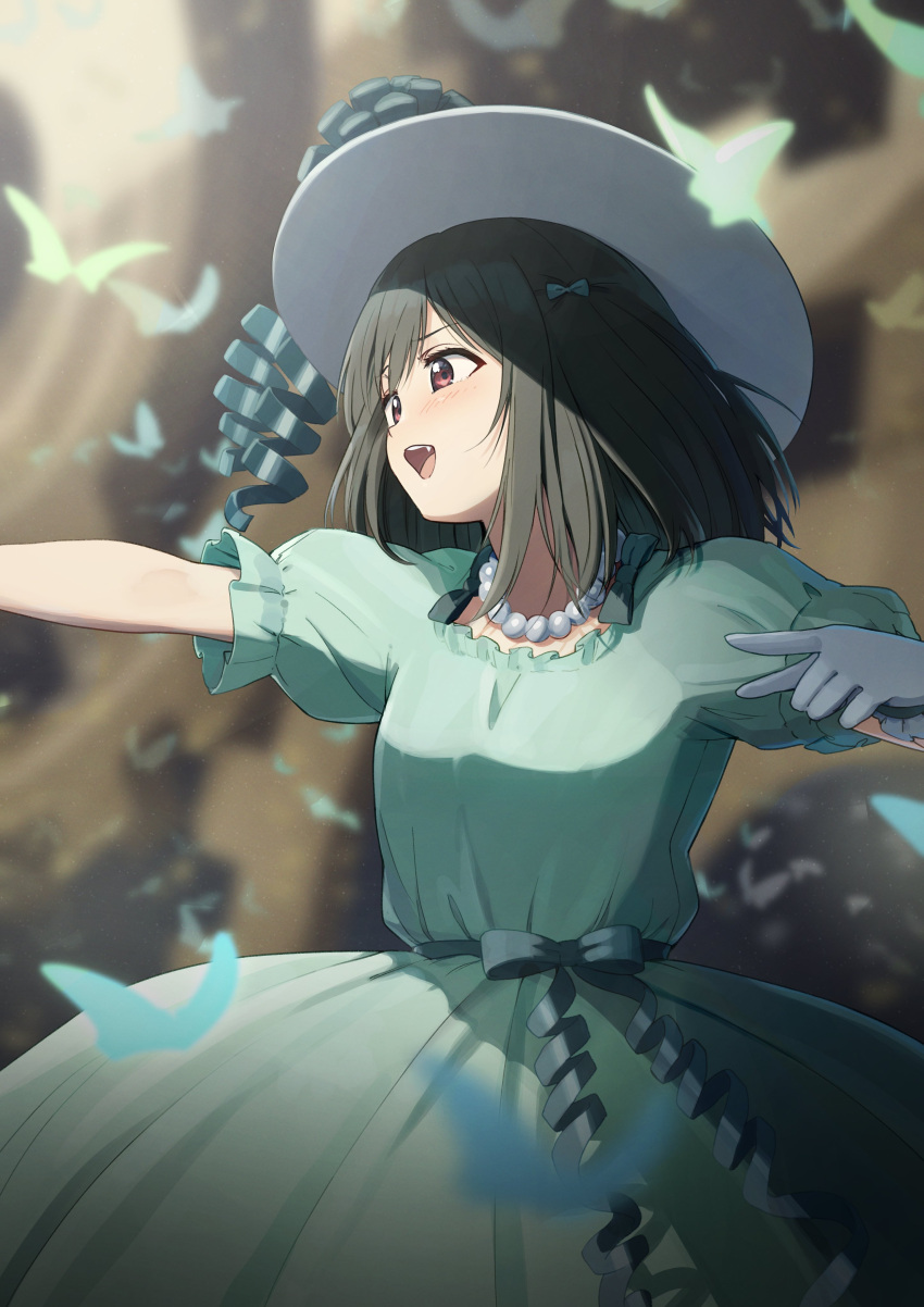 1girl, absurdres, black_hair, blush, cowboy_shot, dancing, determined, dress