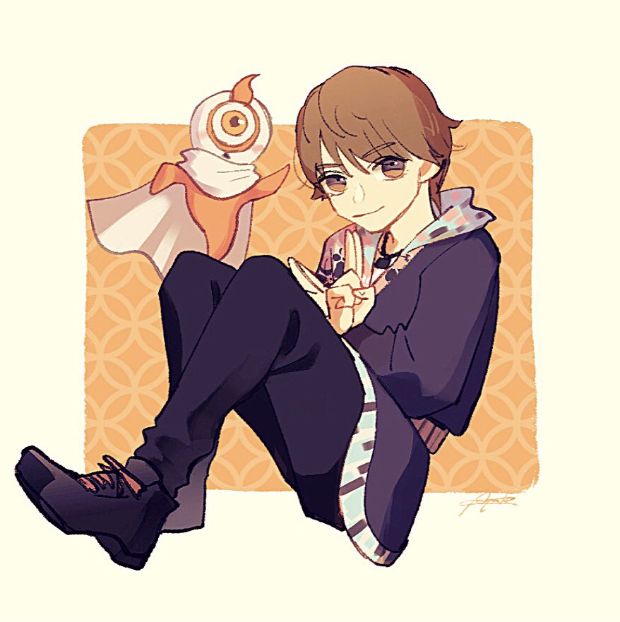 1boy, black_pants, brown_eyes, brown_hair, commentary_request, crossed_arms, cyclops, eyebrows_hidden_by_hair