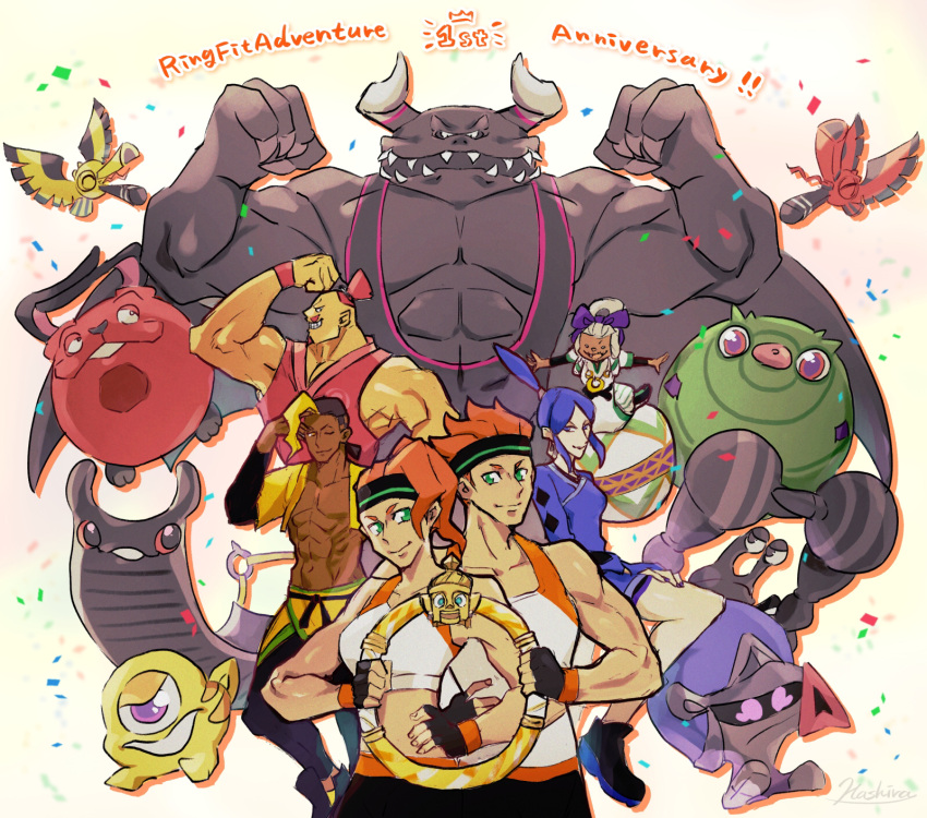 1other, 3girls, 4boys, abdonis, character_request, fingerless_gloves, gloves, highres, leggings, monster, multiple_boys, multiple_girls, muscular, muscular_female, muscular_male, ring_(ring_fit_adventure), ring_fit_adventure, ring_fit_trainee, ring_fit_trainee_(female), ring_fit_trainee_(male), shirt, sleeveless, sleeveless_shirt