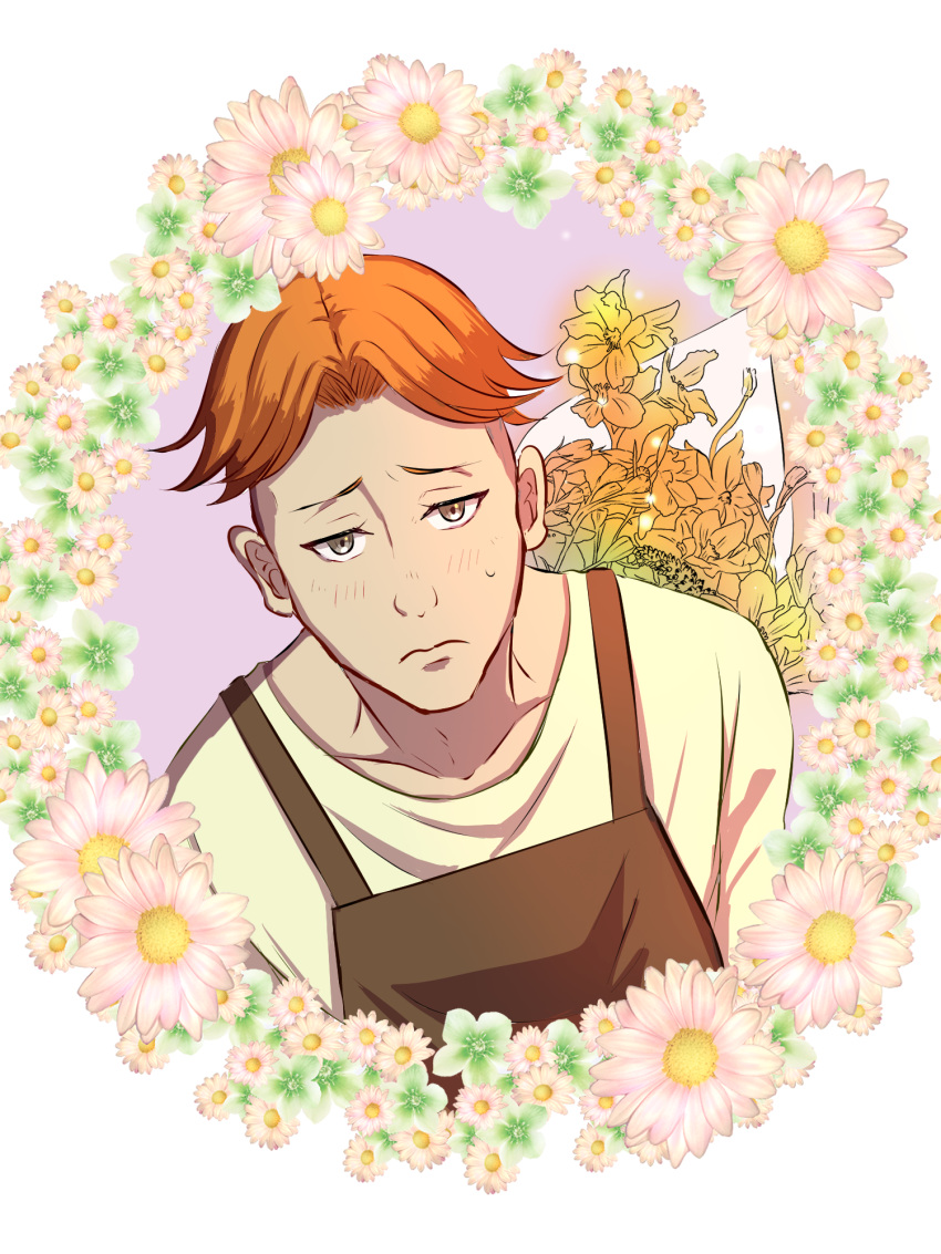 1boy, apron, blush, bouquet, brown_eyes, collarbone, flower, frown, highres, male_focus, orange_hair, shadow_(sk8), simple_background, sk8_the_infinity, solo, sweatdrop, white_background, yoshii_alpha2