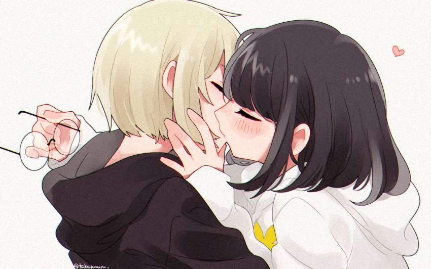 2girls, bird_hoodie_girl_(tsubaki_tsubara), black_hair, blonde_hair, blush, cat_hoodie_girl_(tsubaki_tsubara), closed_eyes, eyewear_removed