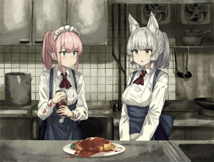 2girls, absurdres, alternate_costume, animal_ears, apron, blue_apron, blue_eyes, bowchan