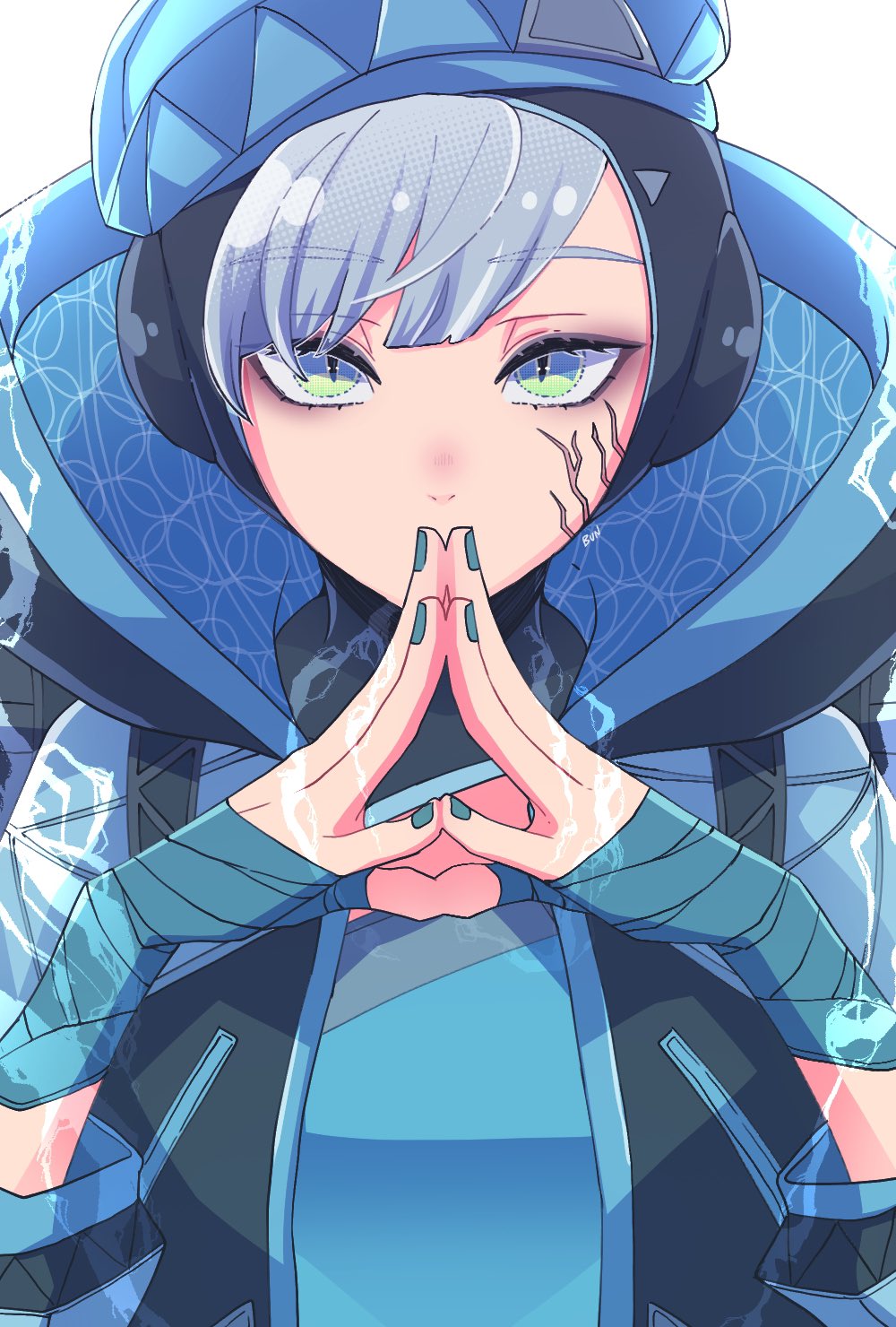 1girl, animification, apex_legends, bandaged_hand, bandages, bangs, beret, black_eyeshadow, black_jacket, blue_eyes, blue_gloves, blue_headwear, blue_shirt, bungaw, commentary, eyeshadow, gloves, grey_hair, hat, haute_drop_wattson, highres, hood, hooded_jacket, jacket, looking_at_viewer, makeup, official_alternate_costume, own_hands_together, shirt, solo, straight-on, symbol-only_commentary, wattson_(apex_legends)