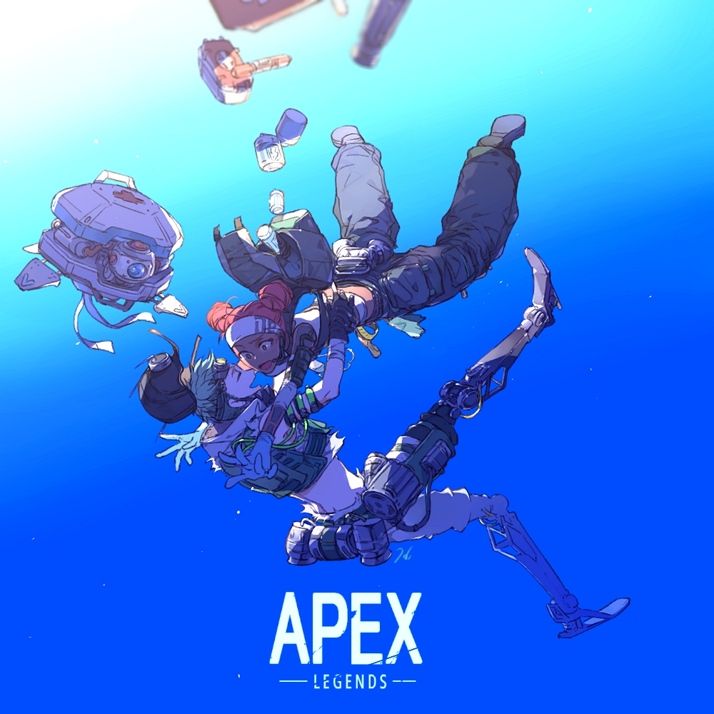 1boy, 1girl, ^_^, apex_legends, black_footwear, black_gloves, black_pants, blue_gloves