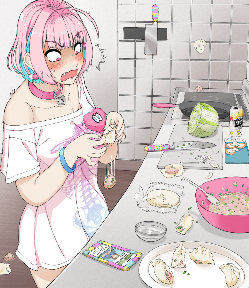 1girl, ^^^, absurdres, ahoge, bangs, belt_collar, blue_hair, blush
