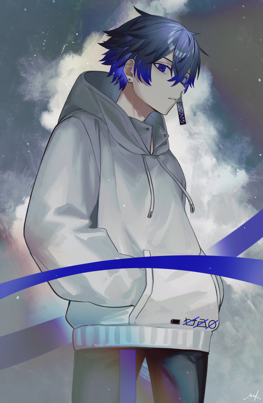 1boy, absurdres, black_pants, blue_eyes, blue_hair, blue_ribbon, earrings, grey_hoodie