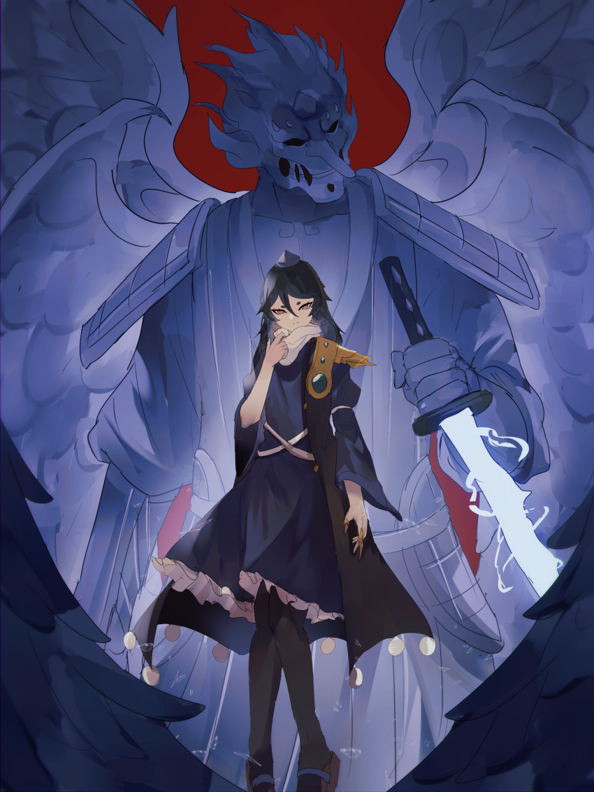 1boy, 1girl, absurdres, banned_artist, black_coat, black_hair, black_thighhighs, blue_dress