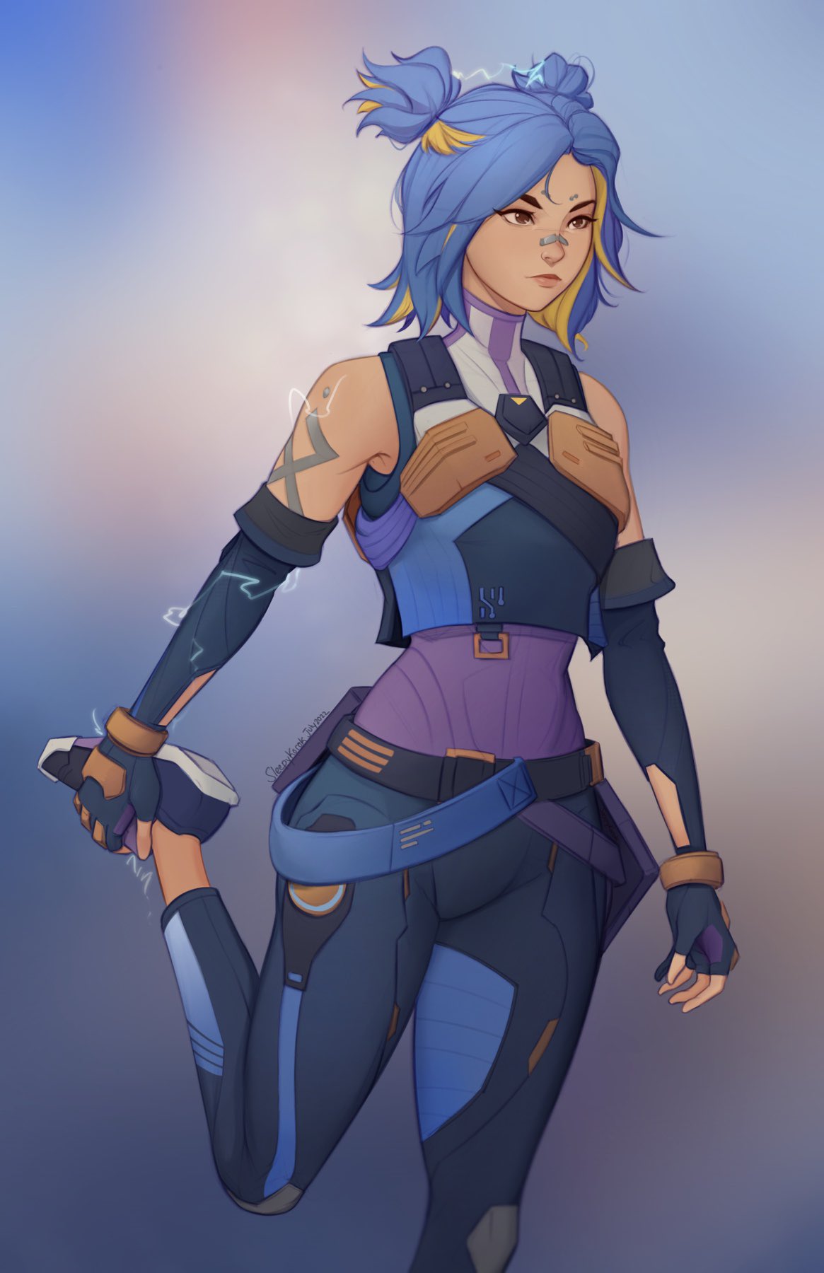 1girl, bandaid, bandaid_on_face, bandaid_on_nose, blonde_hair, blue_hair, blue_pants, brown_eyes, dark-skinned_female, dark_skin, elbow_gloves, electricity, gloves, gradient, gradient_background, groin, highres, lips, medium_hair, multicolored_hair, neon_(valorant), pants, parted_lips, partially_fingerless_gloves, shoes, shoulder_tattoo, sleepy_korok, solo, stretching, tattoo, thighs, twintails, two-tone_hair, valorant