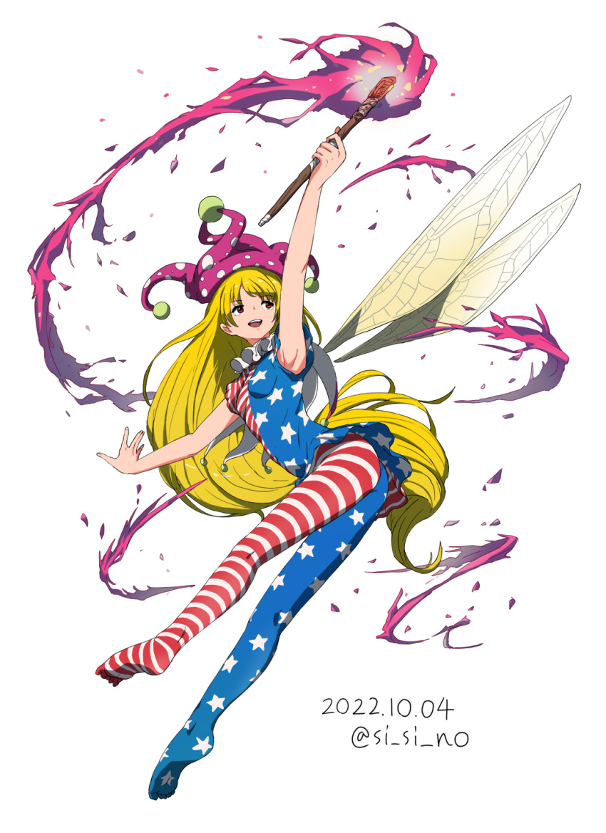 1girl, american_flag_dress, american_flag_legwear, bad_anatomy, blonde_hair, clownpiece, dated, dress