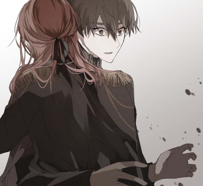 2boys, cale_henituse, choi_han, emel_fate, epaulettes, hair_between_eyes, hair_tie, highres