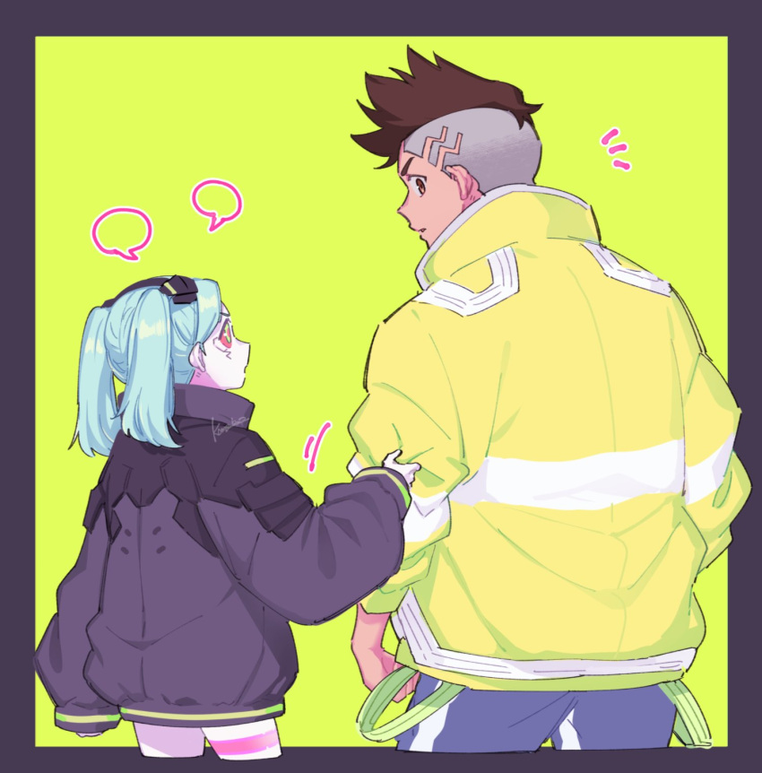 1boy, 1girl, aqua_hair, black_border, black_jacket, blue_pants, border, brown_eyes