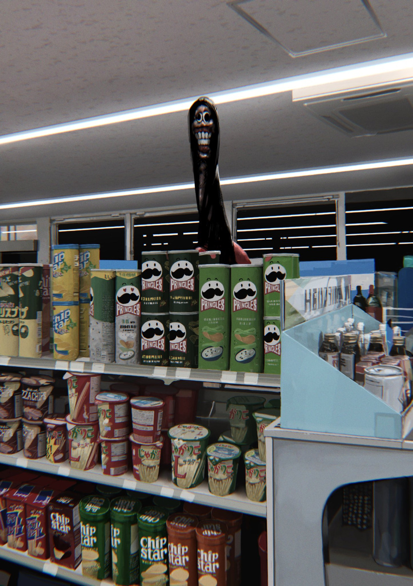 131_nngo, bottle, can, ceiling_light, chips_(food), commentary_request, convenience_store, fluorescent_lamp