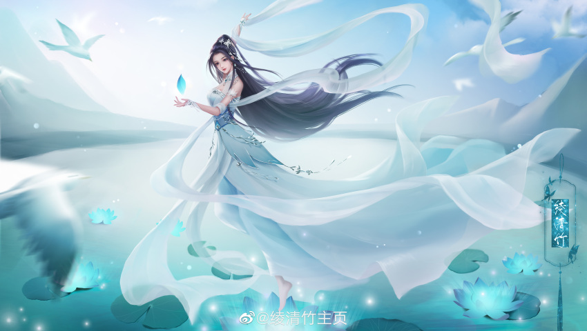 1girl, absurdres, arm_up, barefoot, bird, black_hair, closed_mouth, dress