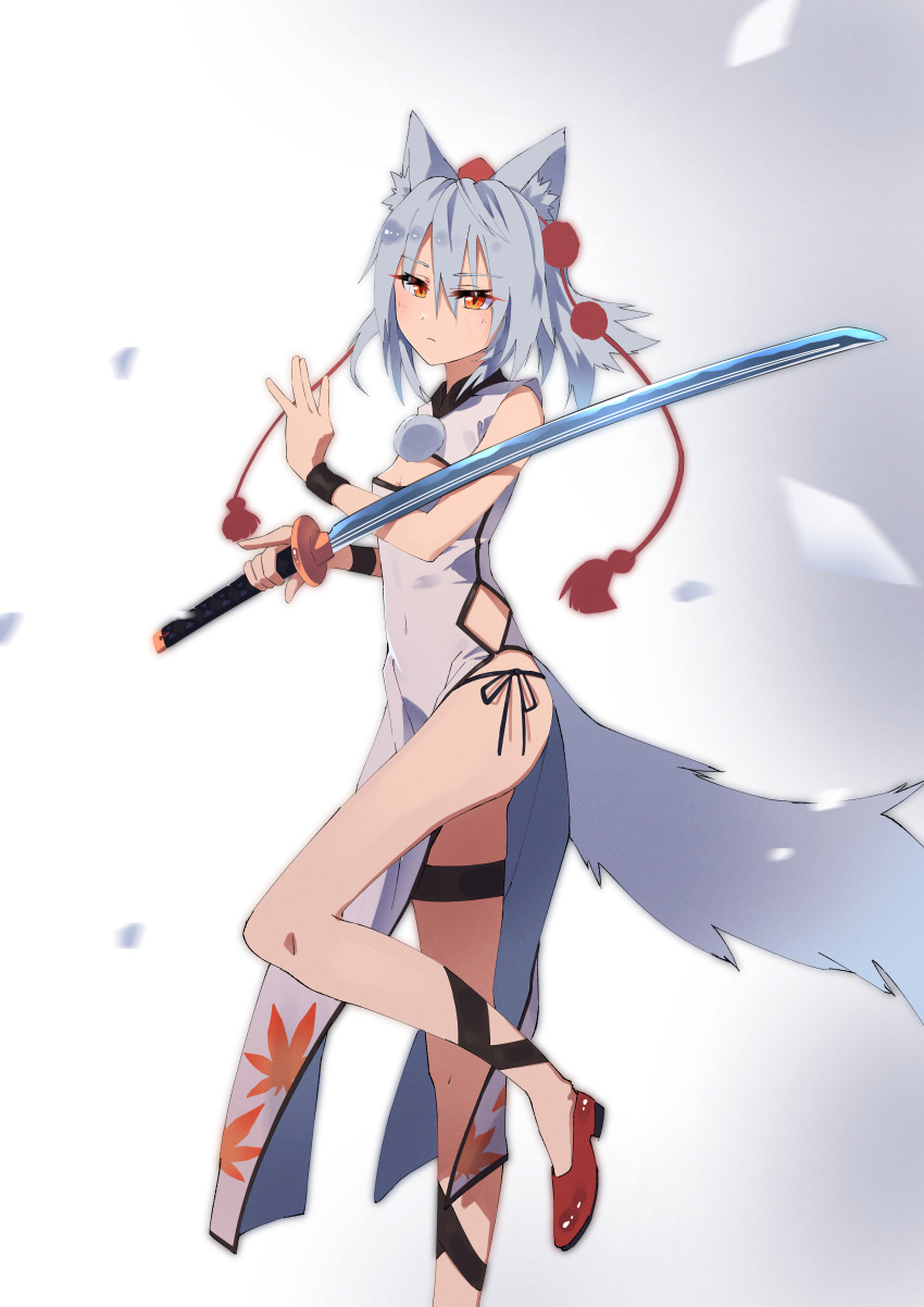 1girl, absurdres, animal_ears, bangs, bare_shoulders, china_dress, chinese_clothes, cleavage_cutout, closed_mouth, clothing_cutout, dress, highres, holding, holding_sword, holding_weapon, inubashiri_momiji, kakaricho_dairi, katana, leaf, looking_at_viewer, maple_leaf, orange_eyes, pom_pom_(clothes), short_hair, simple_background, sleeveless, sleeveless_dress, solo, sword, tail, touhou, weapon, white_background, white_hair, wolf_ears, wolf_girl, wolf_tail