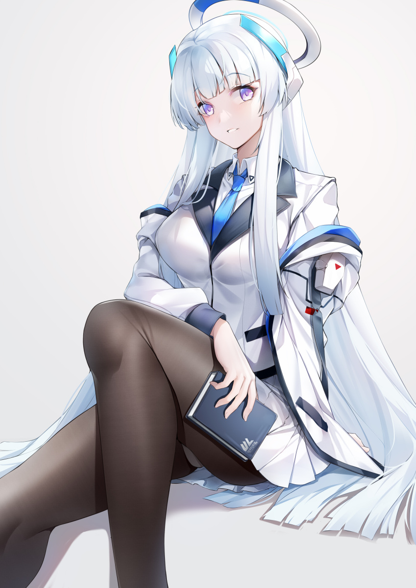 1girl, absurdres, black_pantyhose, blue_archive, blue_necktie, breasts, collared_shirt, formal, grey_hair, halo, highres, jacket, large_breasts, long_hair, lubikaya, mechanical_halo, miniskirt, necktie, noa_(blue_archive), pantyhose, pleated_skirt, shirt, sidelocks, sitting, skirt, solo, suit, very_long_hair, violet_eyes, white_jacket, white_shirt, white_skirt, white_suit