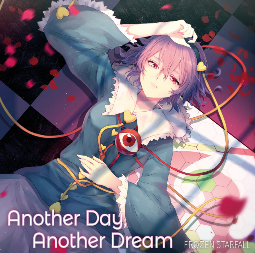 1girl, album_name, arm_up, black_hairband, blouse, blue_shirt, buttons, circle_name