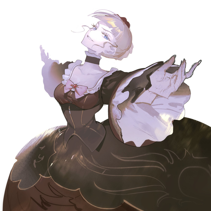 arms_up, bangs, beatrice_(umineko), black_choker, blonde_hair, blue_eyes, bow, choker