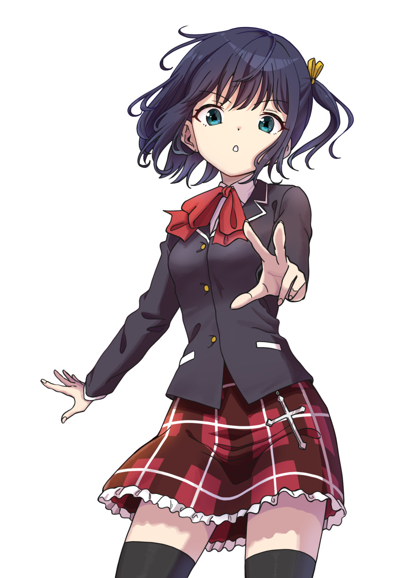 1girl, absurdres, bangs, black_hair, black_jacket, black_thighhighs, bow, bowtie