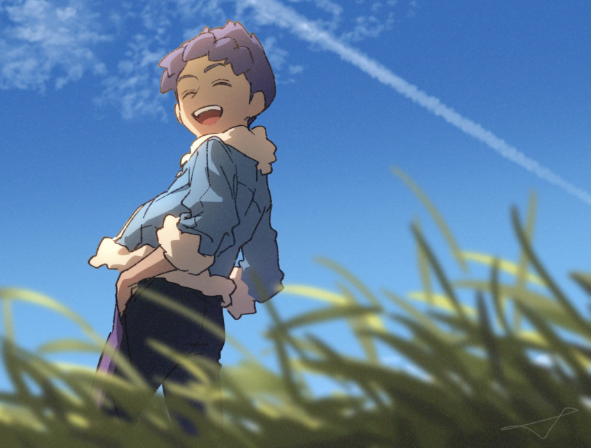 1boy, :d, black_pants, blue_jacket, blurry, closed_eyes, clouds, dark-skinned_male