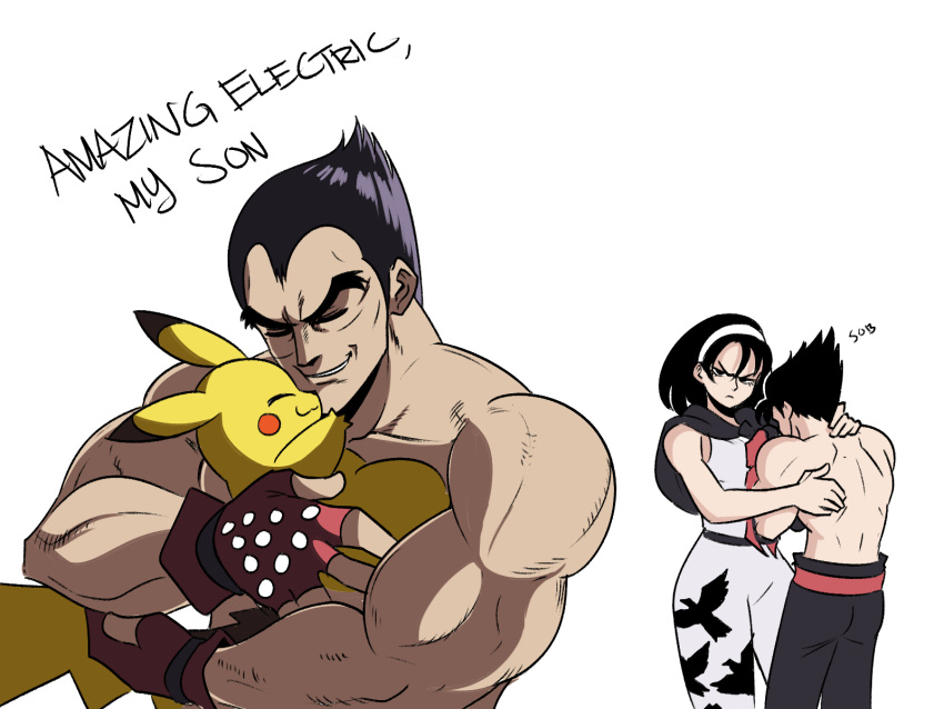 1girl, 2boys, black_eyes, black_hair, crossover, english_text, fingerless_gloves, frown