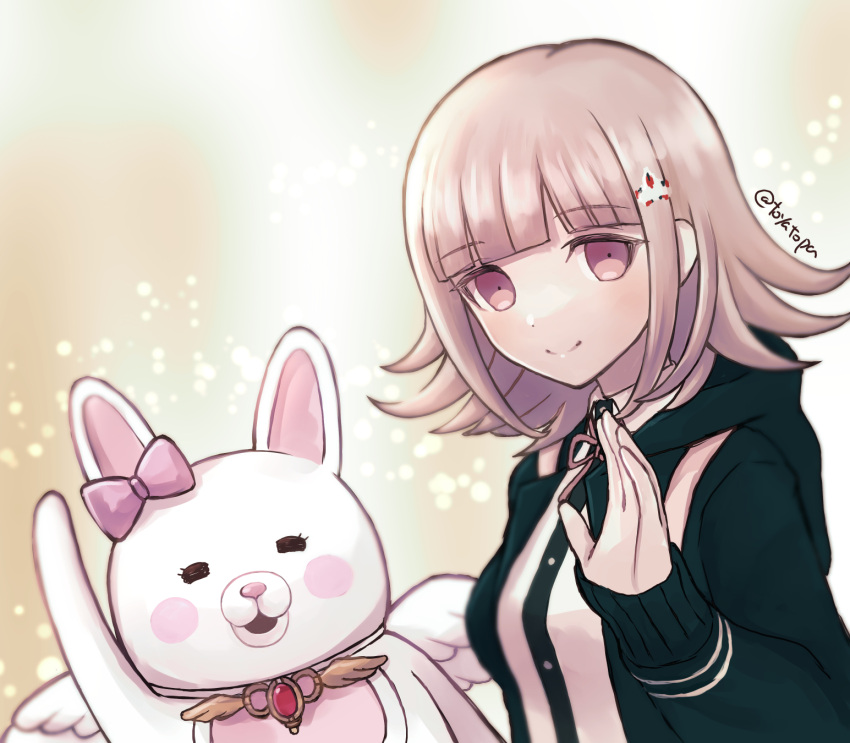 1girl, artist_name, backpack, bag, bangs, black_jacket, black_shirt, bow