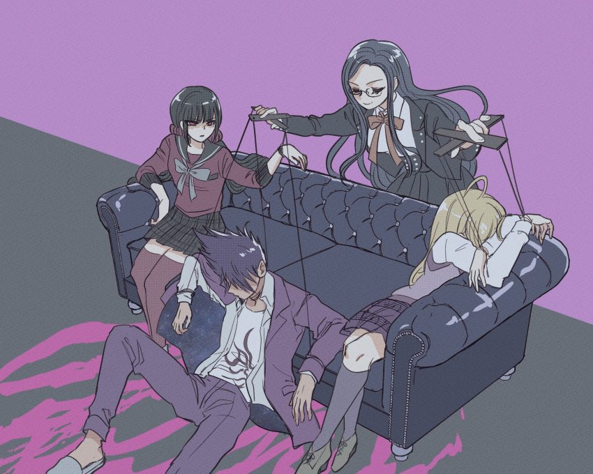 1boy, 3girls, ahoge, akamatsu_kaede, bangs, black_hair, black_jacket, blonde_hair