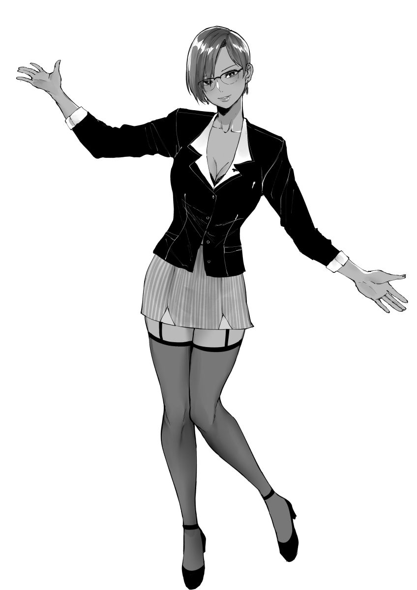 breasts, business_suit, dead_or_alive, formal, garter_straps, glasses, greyscale, highres, la_mariposa, large_breasts, lisa_hamilton, monochrome, norman_maggot, office_lady, outfit, pose, short_hair, sketch, skirt, suit, thigh-highs