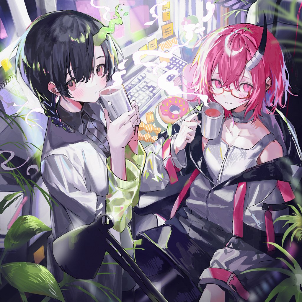 2girls, bandaged_horns, bangs, black_horns, glasses, horns, jacket, kashi_otoha