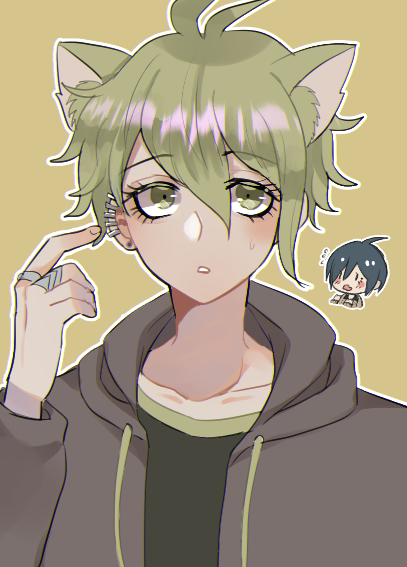 2boys, ahoge, alternate_costume, amami_rantarou, animal_ears, antenna_hair, bangs, black_hair, cat_ears, collarbone, danganronpa_(series), danganronpa_v3:_killing_harmony, ear_piercing, earrings, green_hair, green_shirt, grey_jacket, gu_zang_(aammss188), hood, hood_down, hooded_jacket, jacket, jewelry, kemonomimi_mode, male_focus, multiple_boys, open_clothes, open_jacket, outline, parted_lips, piercing, saihara_shuuichi, shiny, shiny_hair, shirt, short_hair, simple_background, solo_focus, white_outline