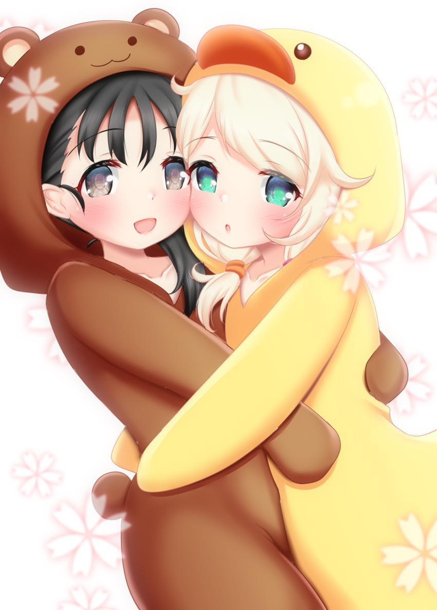 2girls, animal_costume, bangs, bear_costume, bear_tail, black_hair, blonde_hair, blush, check_commentary, cheek-to-cheek, collarbone, commentary_request, duck_costume, female_child, floral_print, fukuyama_mai, green_eyes, grey_eyes, heads_together, highres, hosizora_mikoto, hug, idolmaster, idolmaster_cinderella_girls, long_hair, looking_at_viewer, multiple_girls, open_mouth, smile, tail, white_background, yusa_kozue