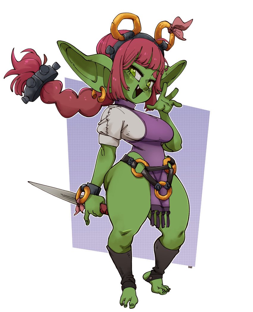 1girl, absurdres, braid, colored_skin, dagger, earrings, female_goblin, goblin