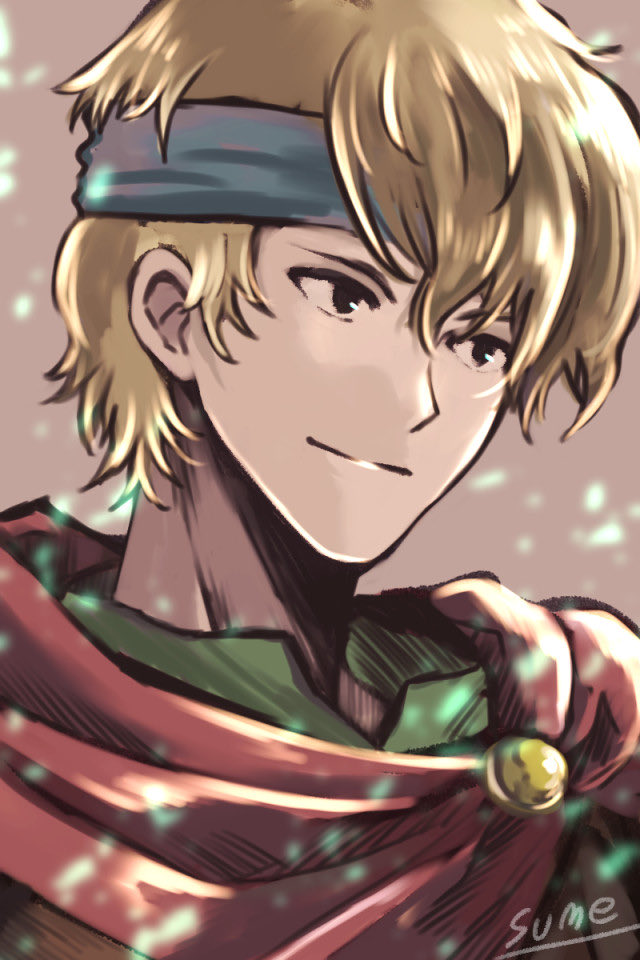 1boy, artist_name, blonde_hair, cape, headband, holmes_(tear_ring_saga), solo, sparkle, sumeragi_(black_rose), tear_ring_saga, tear_ring_saga:_utna_heroes_saga