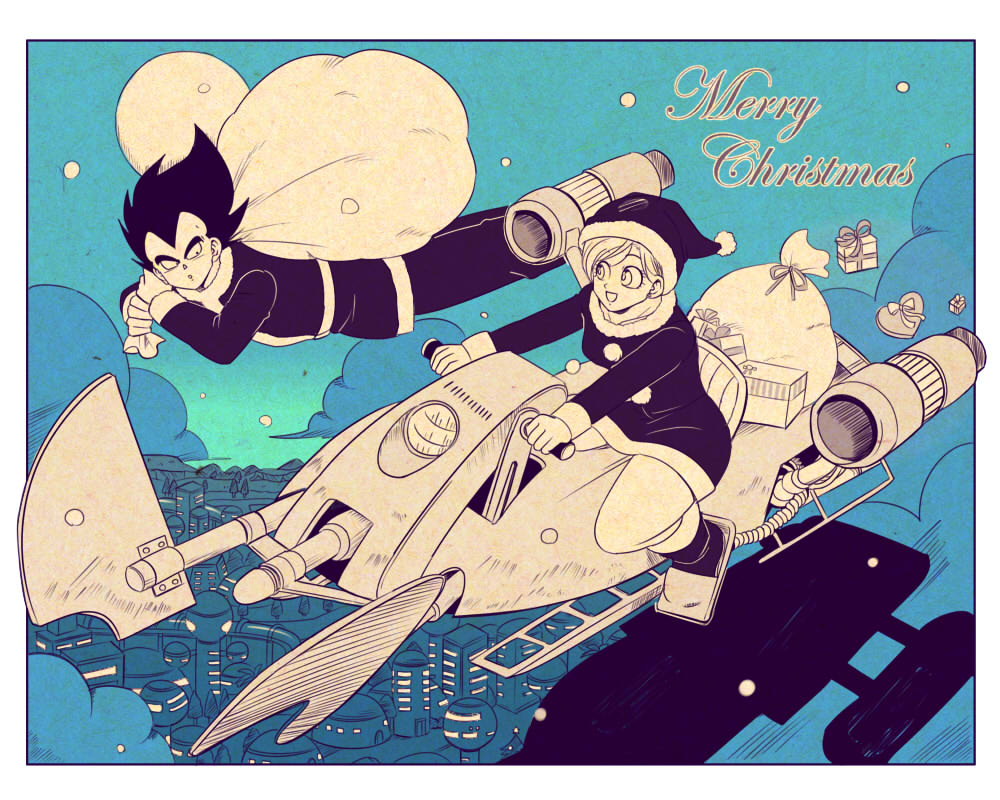 1boy, 1girl, bag, border, box, bulma, city, dragon_ball