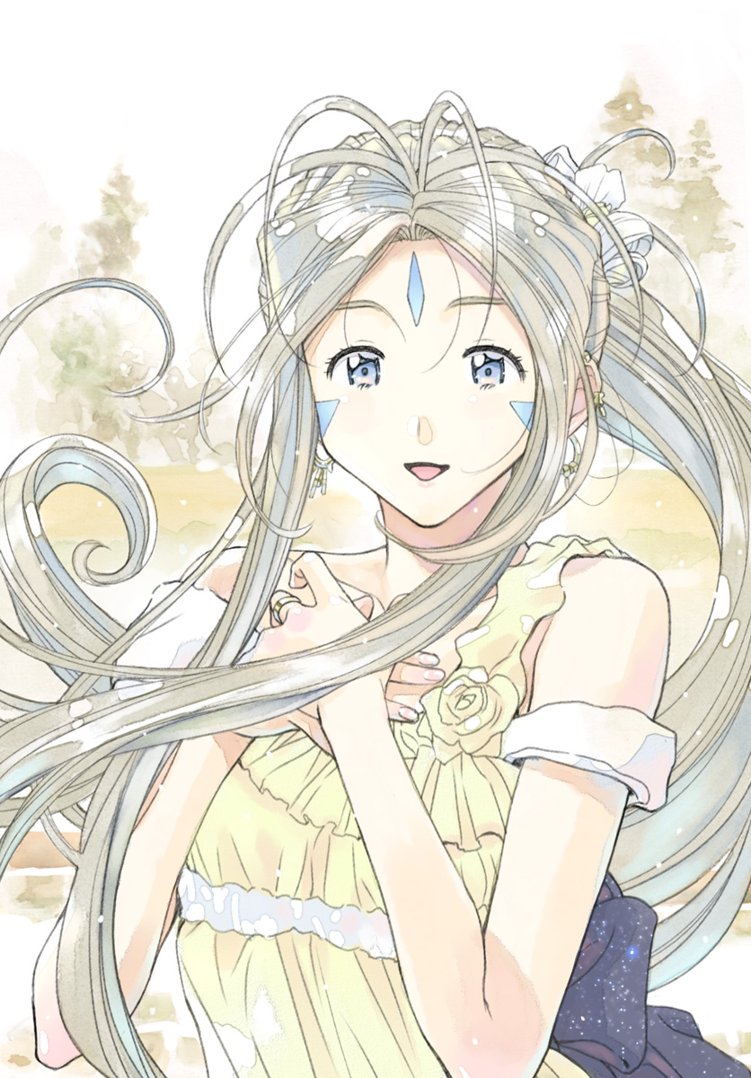 1girl, aa_megami-sama, aa_shuukatsu_no_megami-sama, aa_shūkatsu_no_megami-sama, bare_shoulders, belldandy, blue_eyes, blue_ribbon