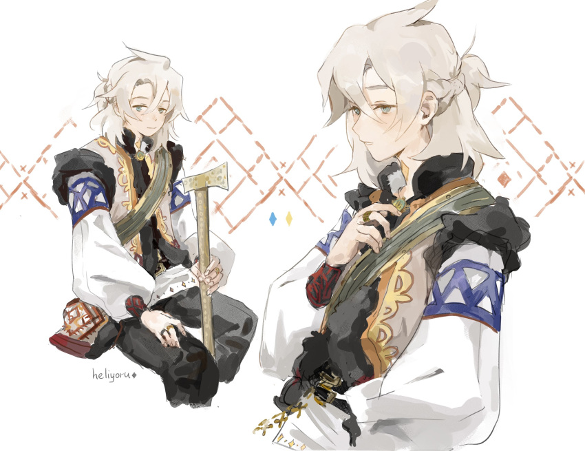 1boy, albedo_(genshin_impact), alternate_costume, artist_name, axe, black_pants, blue_eyes, blush