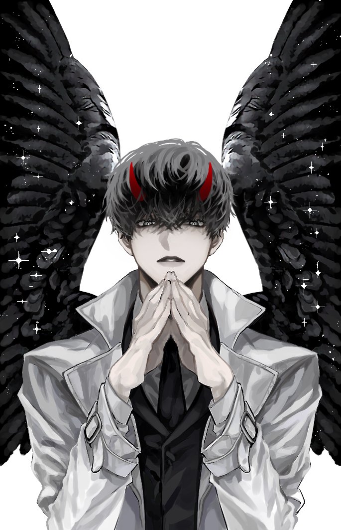 1boy, black_eyes, black_hair, black_necktie, black_wings, collared_shirt, dok-ja_kim, glint