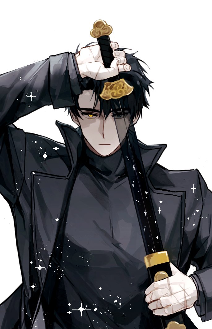 1boy, black_eyes, black_jacket, expressionless, glint, heterochromia, holding, holding_sheath
