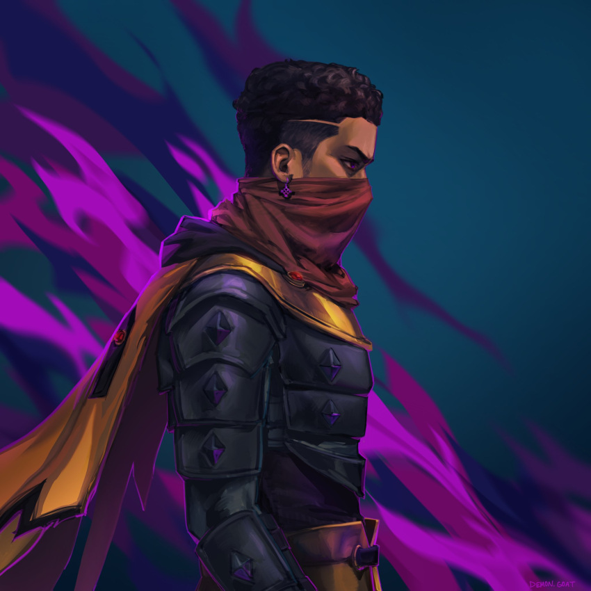 1boy, aqua_background, armor, bandana, black_hair, blurry, blurry_background, cape