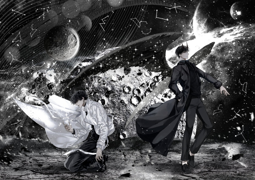 2boys, black_hair, black_jacket, black_wings, constellation, dok-ja_kim, glint, highres