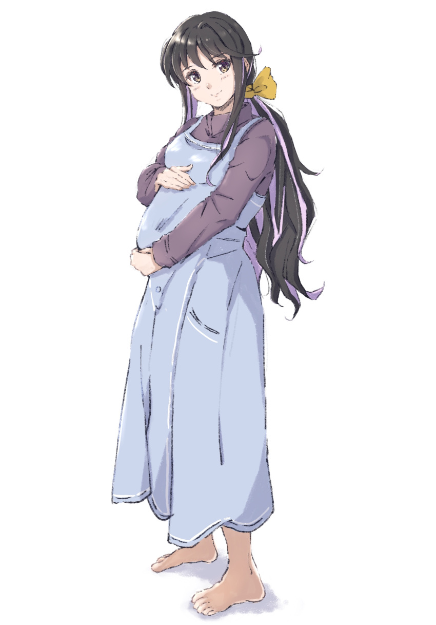 1girl, alternate_costume, alternate_hairstyle, barefoot, black_hair, blue_dress, commentary_request, dress
